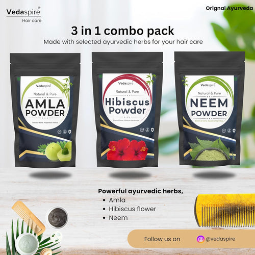 Amla, Hibiscus & Neem Powder Combo | Natural Hair & Face Pack | For Hair Growth, Dandruff, Dull & Damaged Hair | Acne, Skin Glow | Strengthens & Conditions | Pack of 3 (50g Each)